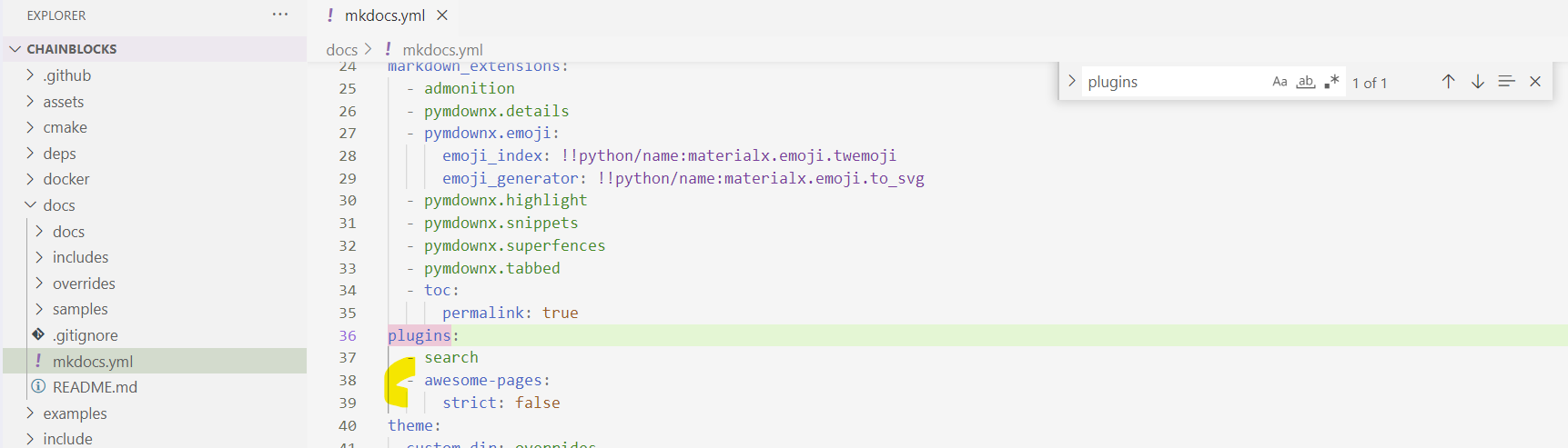 Search for plugins in MkDocs.yml