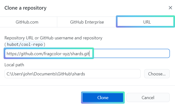 Paste the URL into the empty field and select “Clone”..