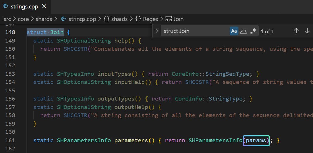 The descriptions of the parameters are placed within a params variable.