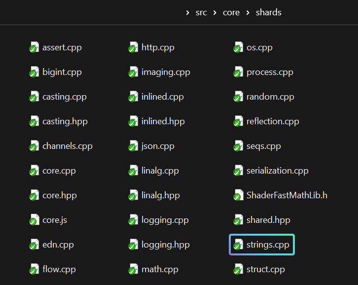 The .cpp file exists in the "src/core/shards" folder.